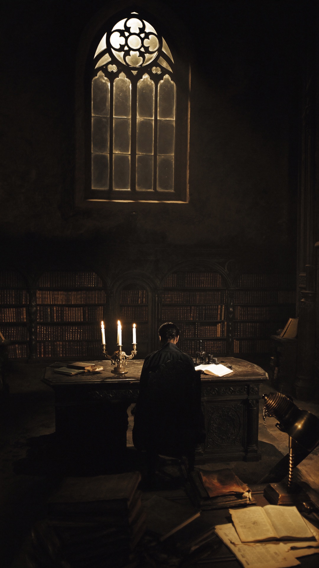Un lector a la luz de las velas en una biblioteca gótica
