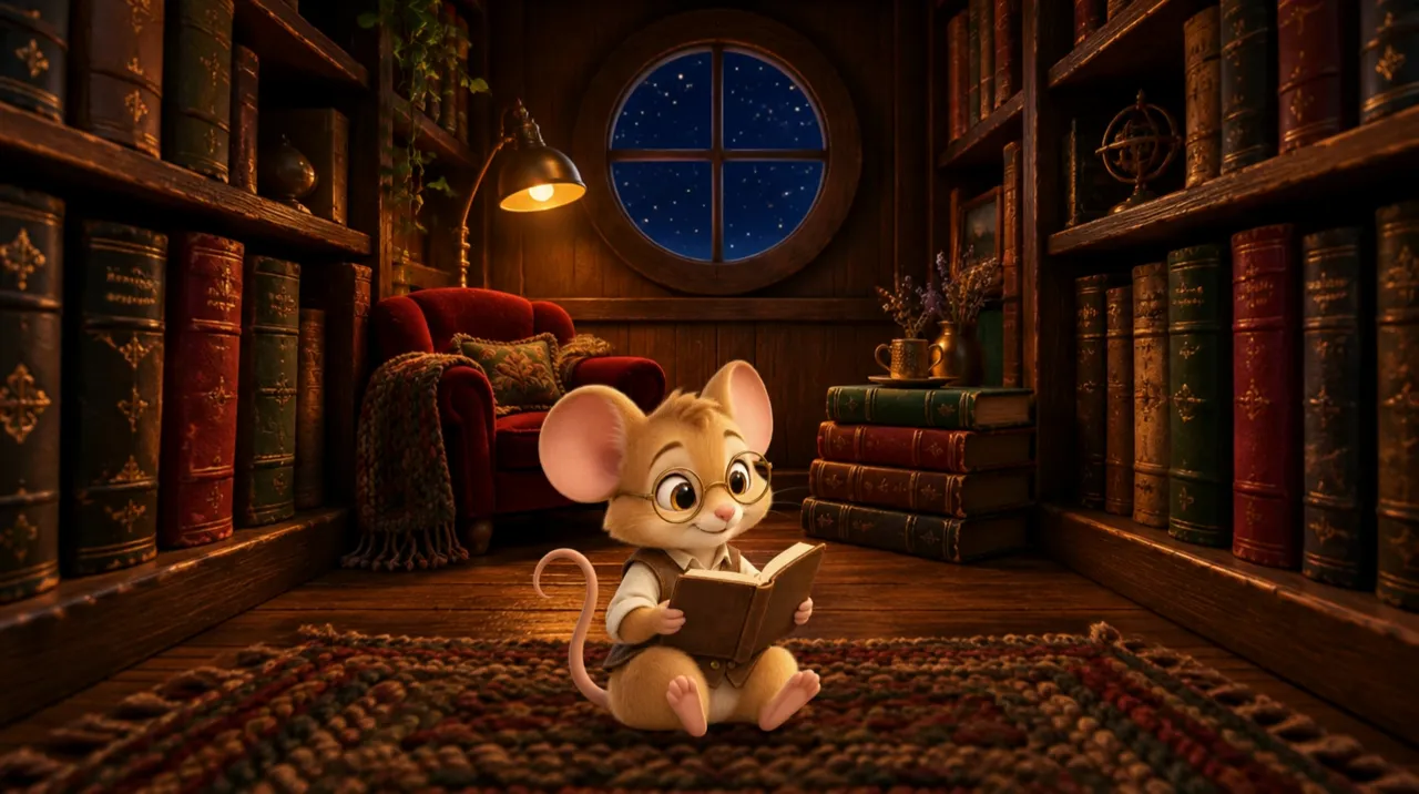 El ratón de biblioteca de Librum, con lentes y chaleco, leyendo un libro en su rincón